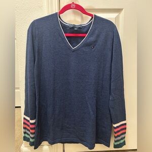 Tommy Hilfiger New Without Tags Navy V-Neck Sweater with Striped Sleeves